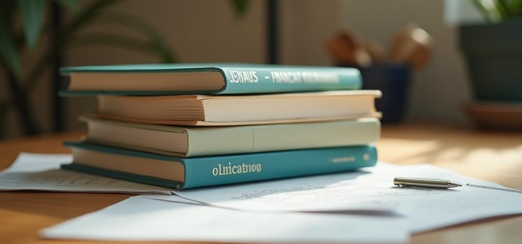 Stacked financial books and notes in natural light